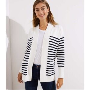 LOFT Striped Open Front Cardigan White Navy Blue Size Large